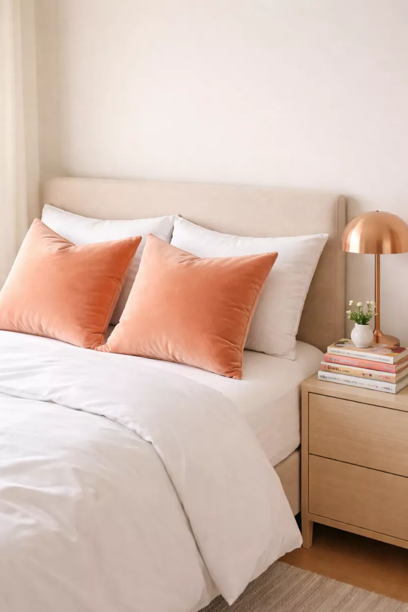 A realistic photo of a modern bedroom with peach colored velvet throw pillows on a white duvet, a rose gold bedside lamp, and a small stack of books with colorful spines on the nightstand.