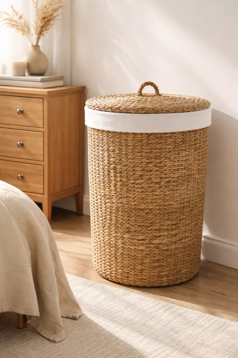 A realistic photo of a tall woven seagrass laundry basket with a lid and white fabric liner, standing in a sunny corner of a bedroom next to a wooden dresser.