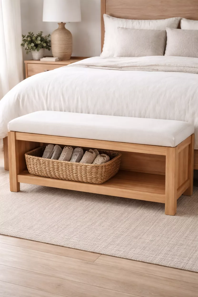A realistic photo of a light cedar wood storage bench at the foot of a bed with a white cushioned top and a basket of woven slippers underneath.