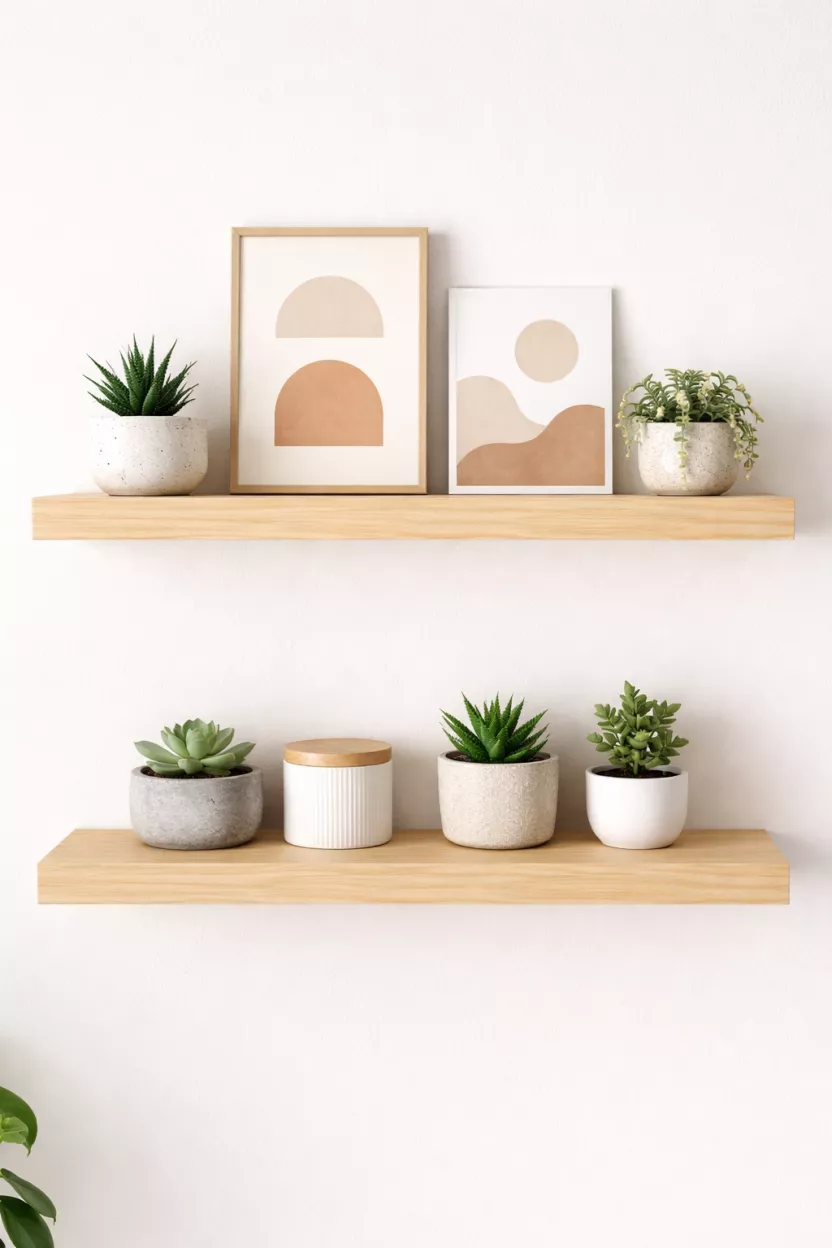 A realistic photo of two light pine floating shelves mounted on a white wall containing small succulent plants, a white ceramic candle, and a few leaned minimalist art pieces.