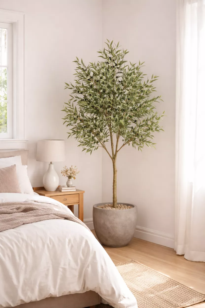 A realistic photo of a six foot tall faux olive tree in a grey stone pot, placed in the corner of a bedroom with white walls and natural sunlight.