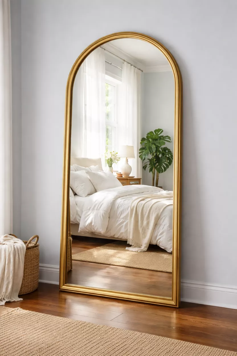 A realistic photo of a large gold framed arched floor mirror leaning against a light blue wall, reflecting a sunlit bedroom with white bedding and a green plant in the background.