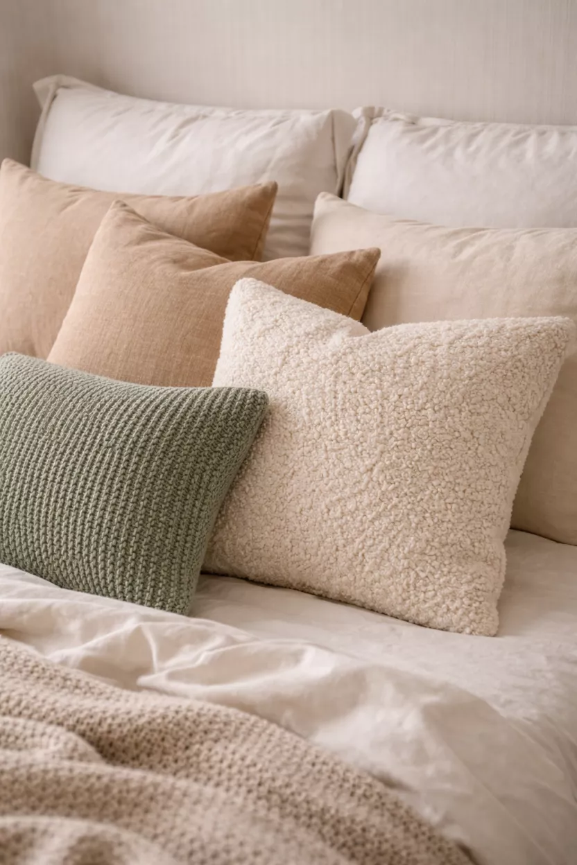 A realistic photo of a collection of throw pillows on a bed with different textures including cream bouclé, tan linen, and a sage green knit.