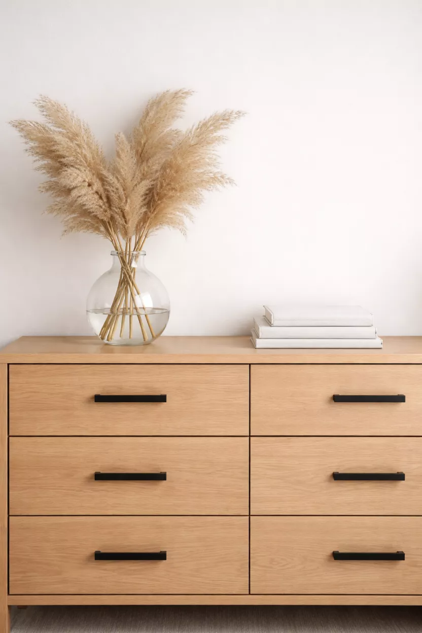 A realistic photo of a light oak wood dresser with minimalist black handles, topped with a glass vase of pampas grass and a stack of white linen bound journals.