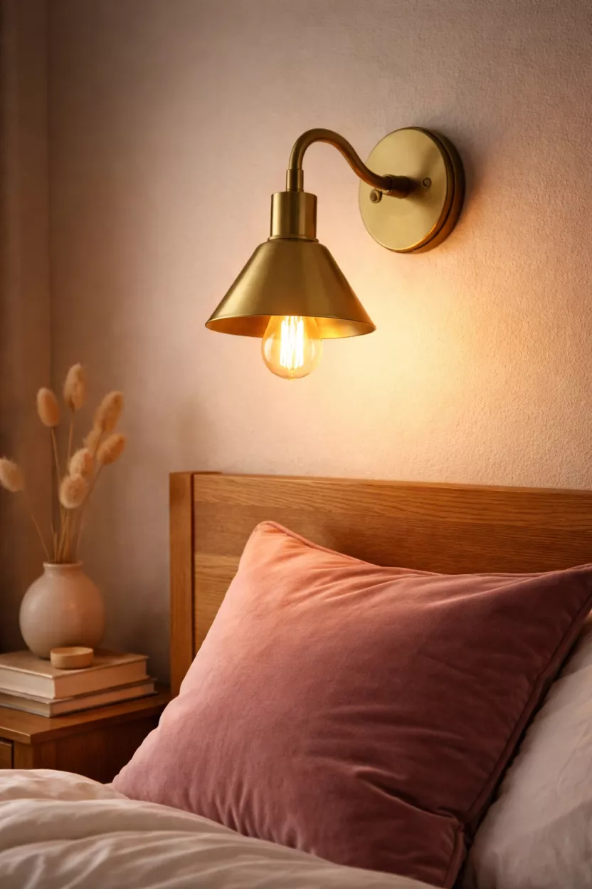 A realistic photo of a matte brass wall sconce mounted next to a bed with a warm glowing bulb, casting light on a pink velvet pillow and a wooden headboard.