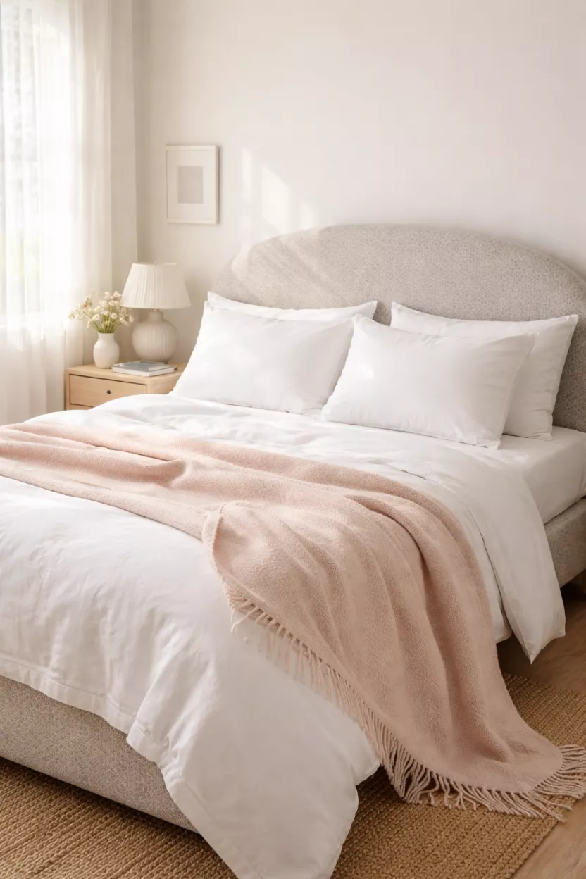 A realistic photo of a bed with a light grey bouclé rounded headboard, styled with white pillows and a pale pink throw blanket in a sunny room.