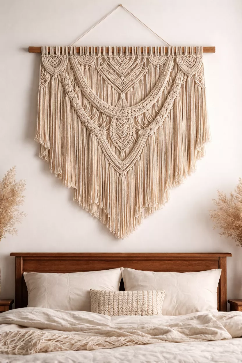 A realistic photo of a large beige macrame wall hanging with intricate knot patterns, hanging above a wooden headboard on a soft white wall.