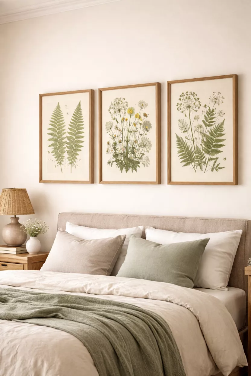 A realistic photo showing a gallery wall above a bed with three framed vintage botanical prints featuring green ferns and wildflowers, set in light oak wood frames against a soft cream wall.