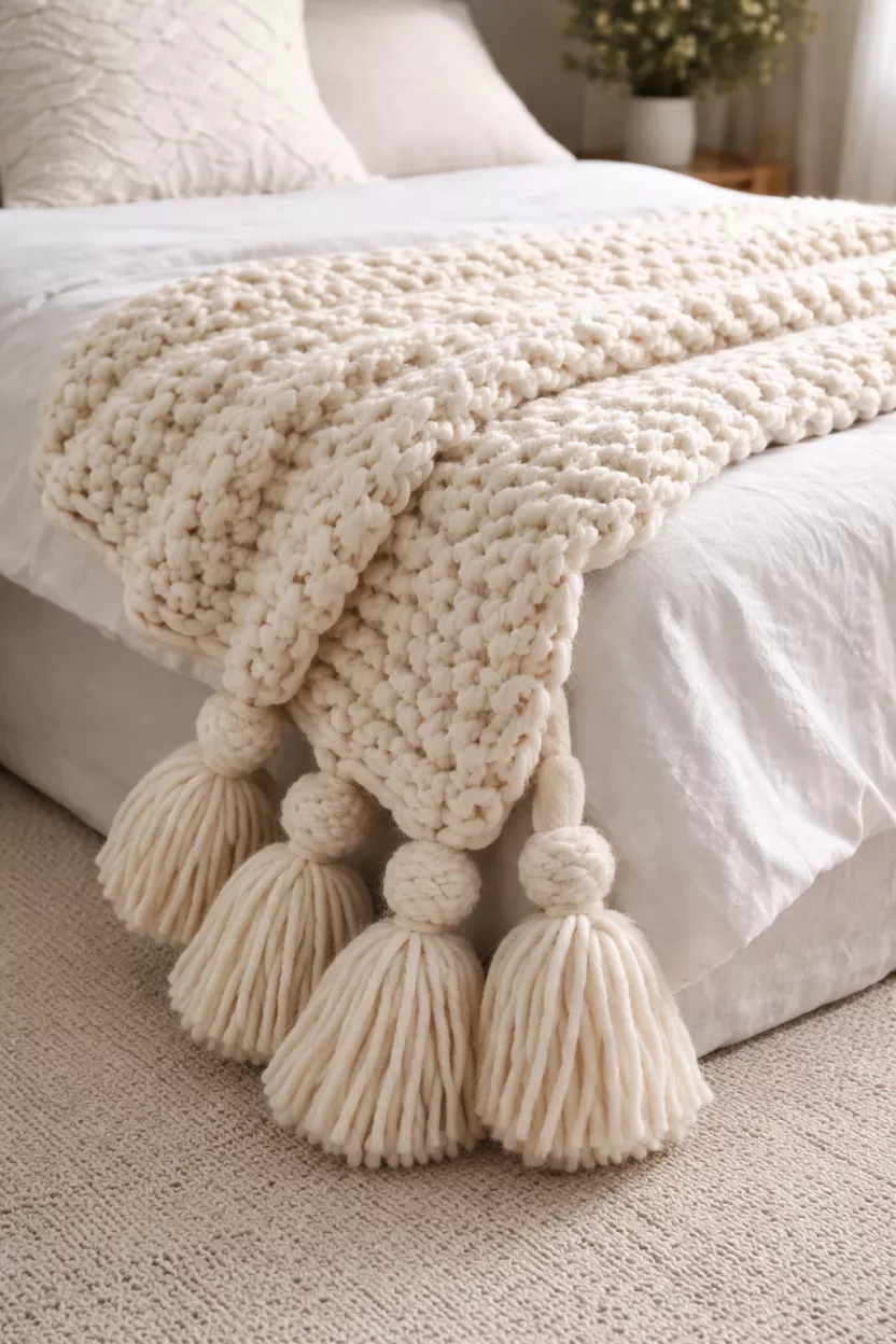 A realistic photo of a cream chunky knit throw blanket draped over the corner of a white bed, showing the thick woven texture and oversized tassels.