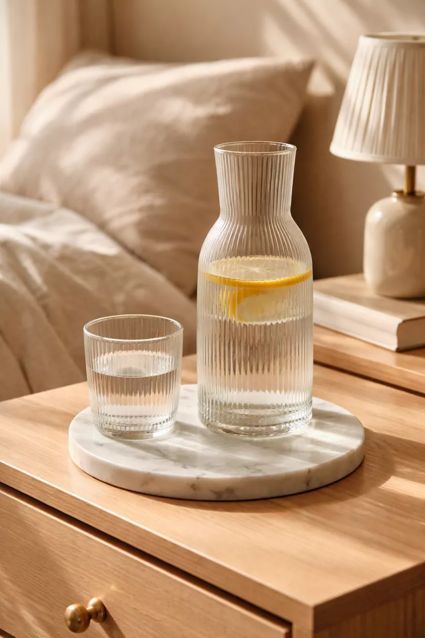 A realistic photo of a ribbed glass carafe and matching drinking glass sitting on a marble coaster on a light wood nightstand under the morning sunlight.
