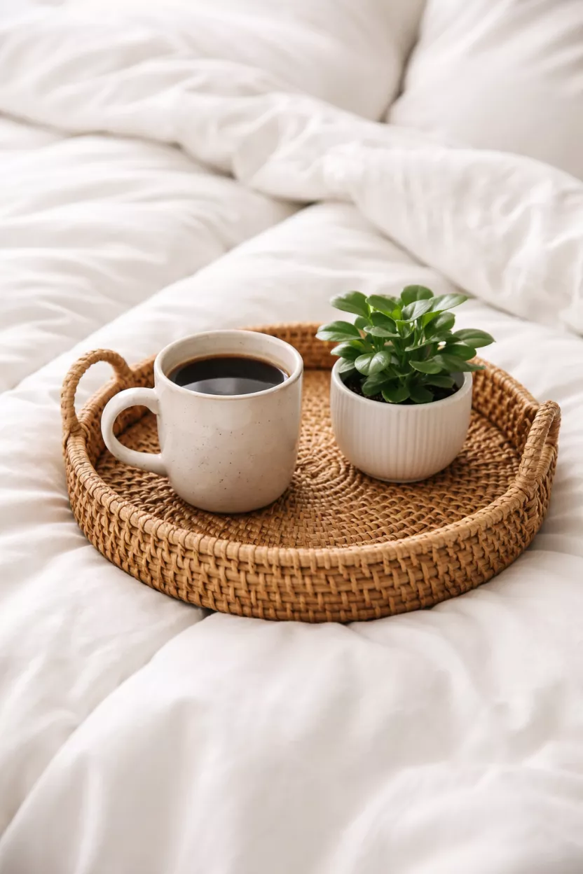 A realistic photo of a round natural rattan tray on top of a white bed duvet, holding a ceramic coffee mug and a small green plant.