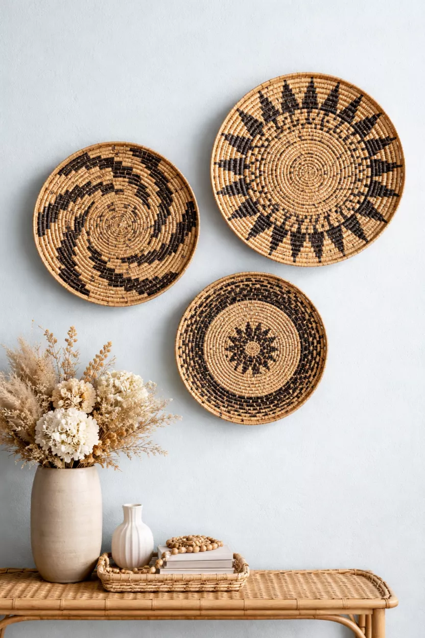A realistic photo of an eye catching collection of four round woven seagrass baskets in different sizes and patterns mounted on a light blue wall.