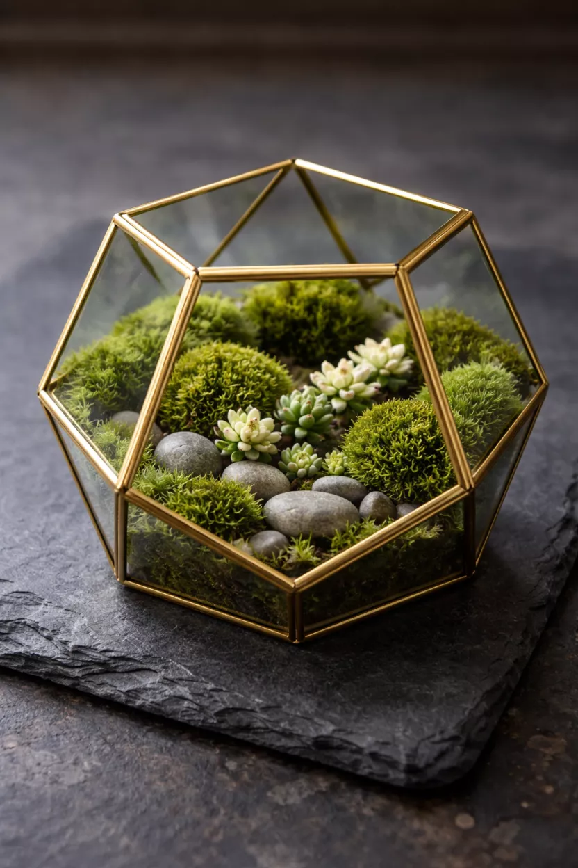 A realistic photo of a geometric gold framed glass terrarium containing lush green moss, small grey river stones, and tiny white succulent flowers on a dark slate surface.