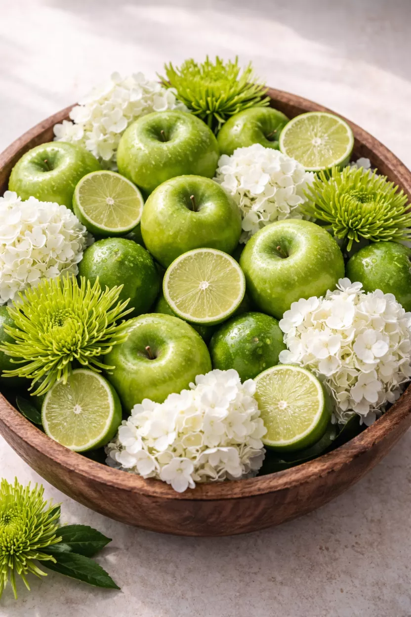 A realistic photo of a large wooden bowl filled with green apples, lime halves, and clusters of white hydrangeas and green spider mums.