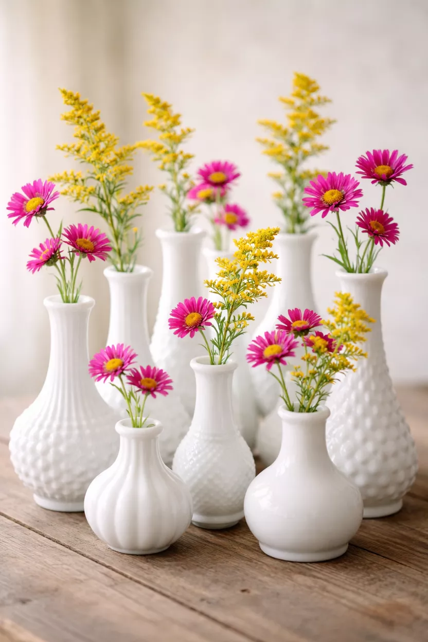A realistic photo of a collection of various white milk glass bottles in different shapes and sizes, each holding a single bright pink wildflower or a sprig of yellow goldenrod.