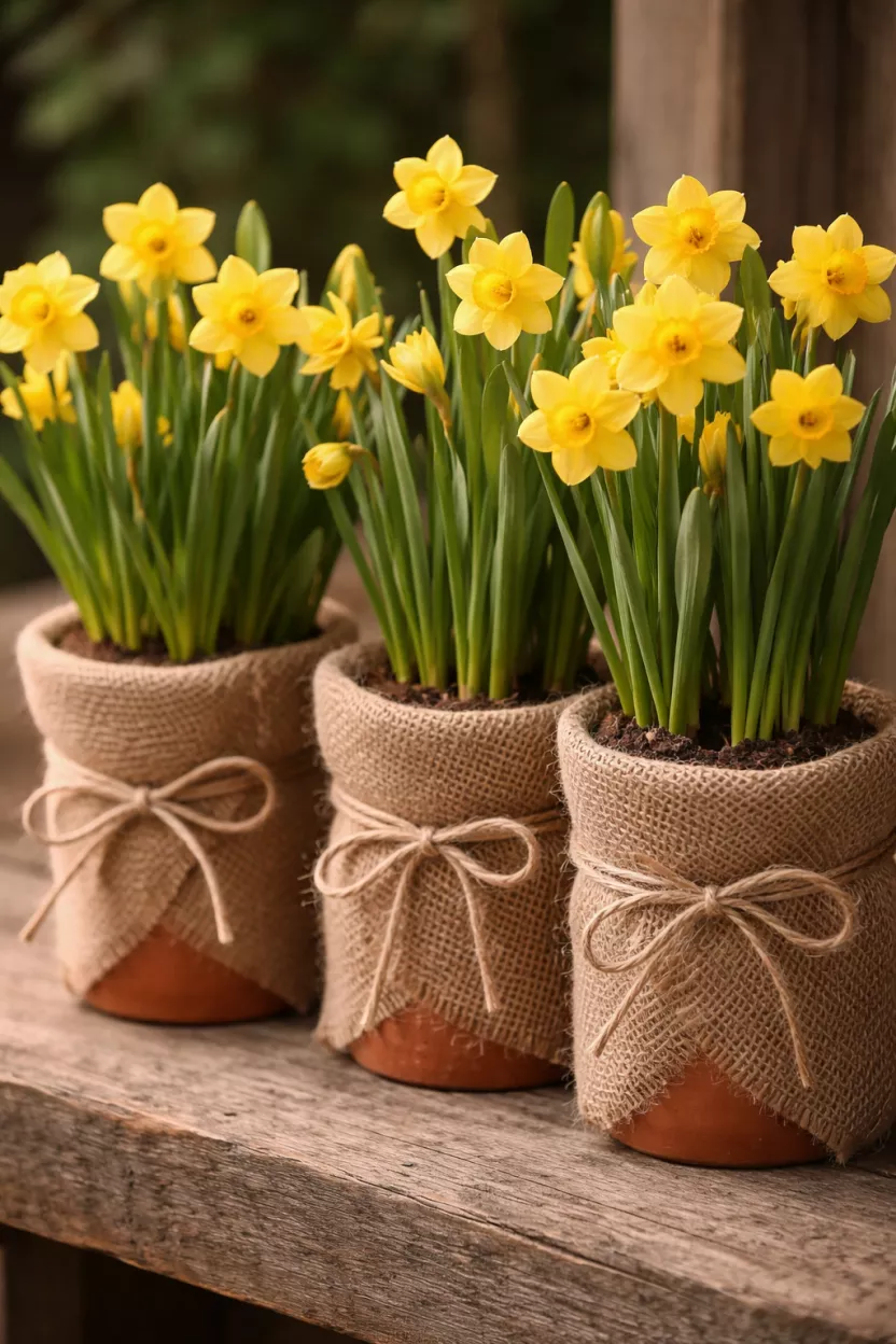 A realistic photo of three clay pots containing yellow daffodils wrapped in rough tan burlap and tied with a simple twine bow.