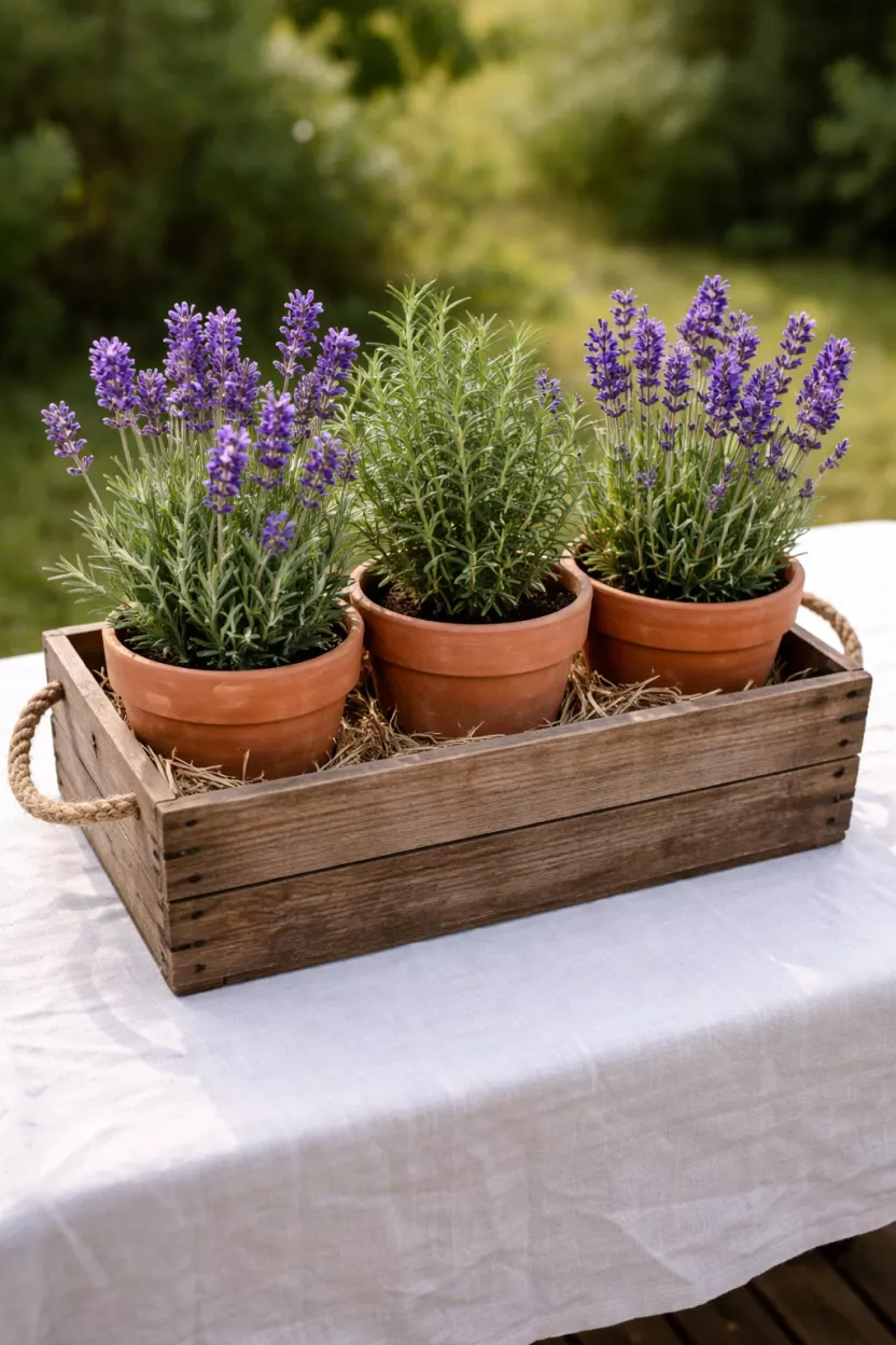 A realistic photo of a small distressed brown wooden rectangular crate containing three separate terracotta pots of flowering purple lavender and green rosemary plants, placed on a white linen tablecloth.