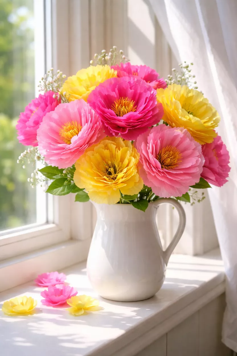 A realistic photo of a colorful bouquet made of bright pink and yellow crepe paper flowers sitting in a white ceramic pitcher on a sunny windowsill.