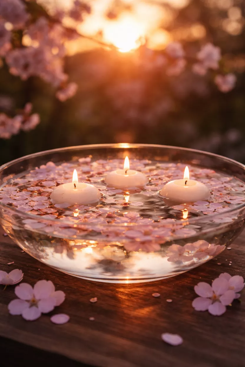 A realistic photo of a shallow wide glass bowl filled with clear water, featuring pink cherry blossom petals and three round white floating candles illuminating the surface during sunset.