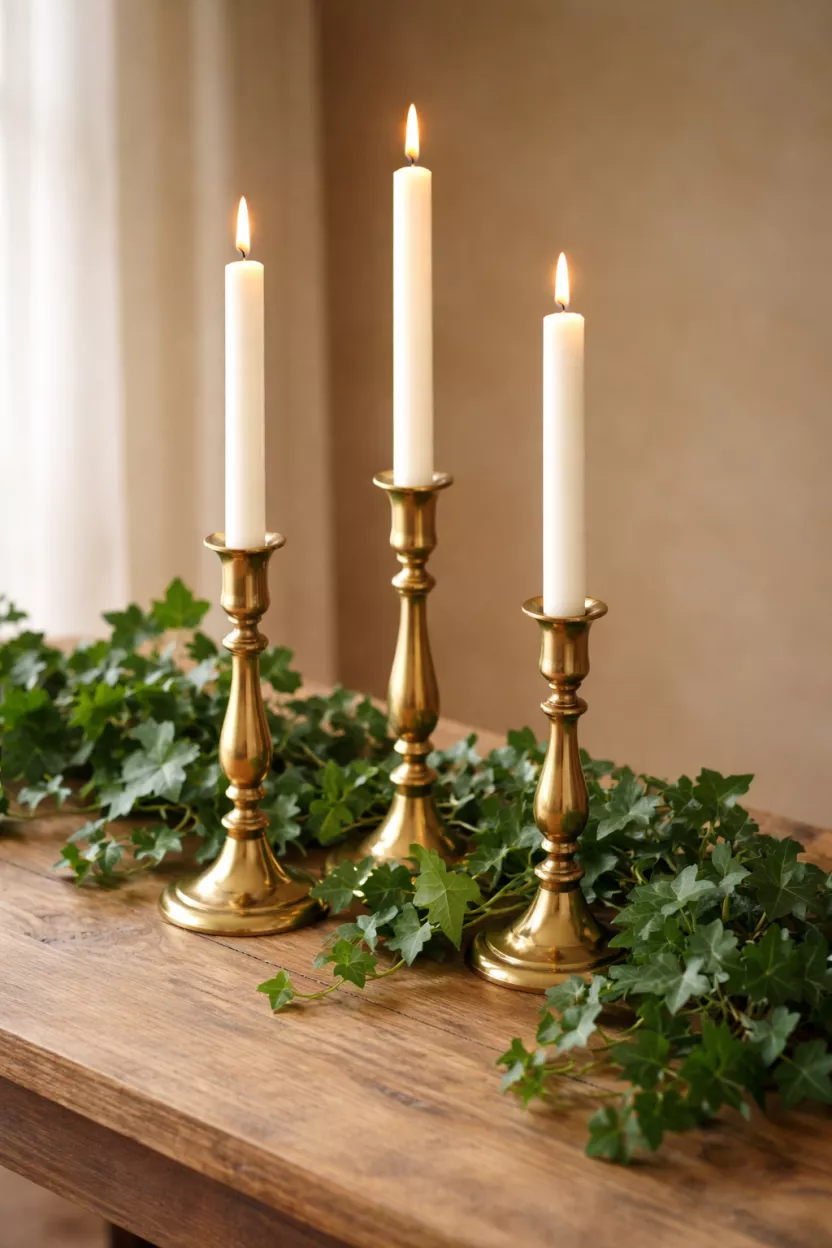 A realistic photo of three brass candlesticks of varying heights with white taper candles, draped with a lush green ivy garland across a wooden table.