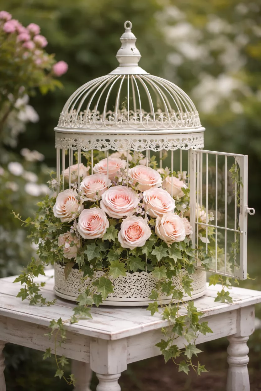A realistic photo of an ornamental white metal birdcage with an open door, inside which sits a dense bouquet of light pink roses and trailing ivy.