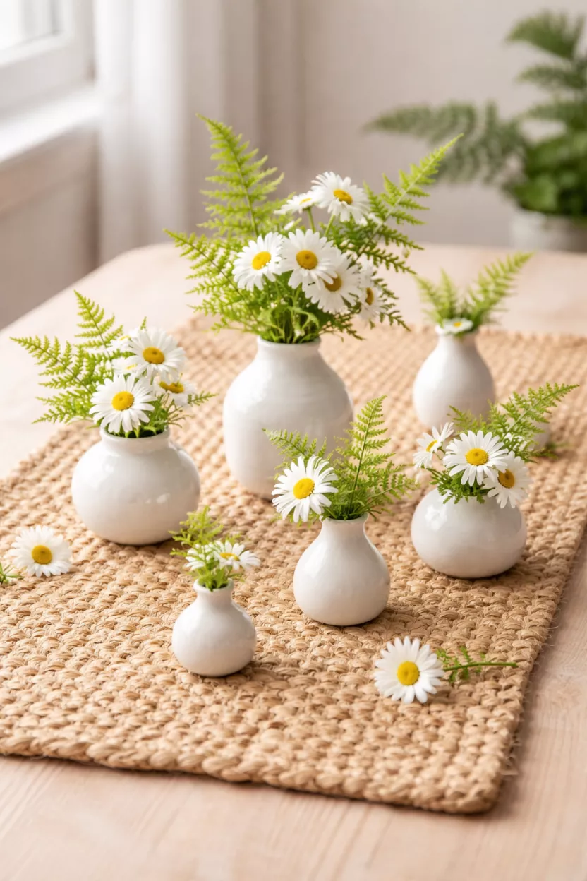 A realistic photo of a natural woven seagrass table runner with several small white ceramic vases holding sprigs of green ferns and white daisies.