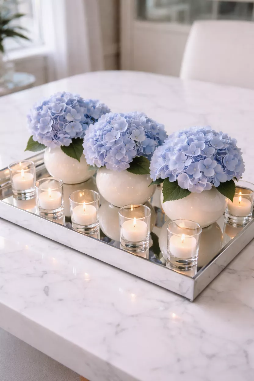 A realistic photo of a large rectangular mirrored tray holding three small white vases of blue hydrangeas and several small clear votive candles.