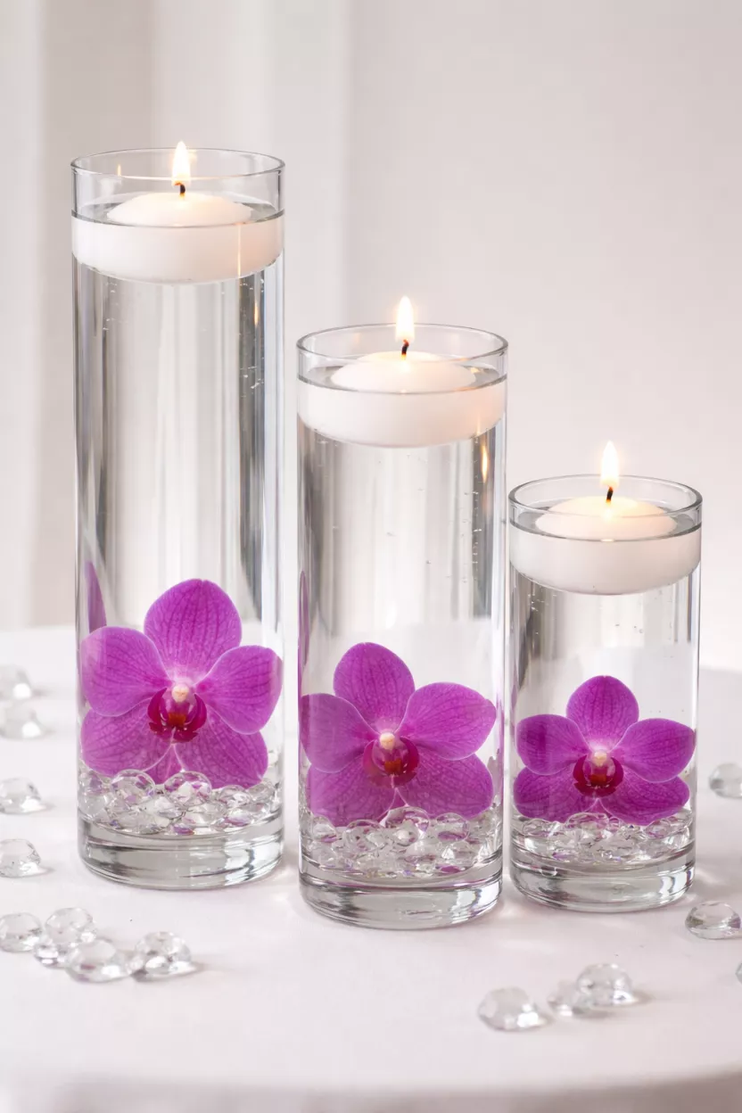 A realistic photo of three narrow cylinder vases of different heights filled with water, each containing a single purple orchid submerged at the bottom with a floating candle at the top.