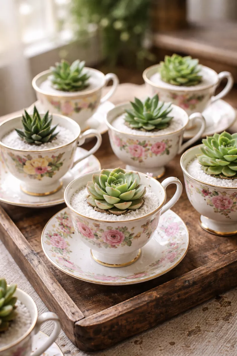 A realistic photo of several mismatched vintage floral tea cups each containing a small green succulent and white decorative sand.