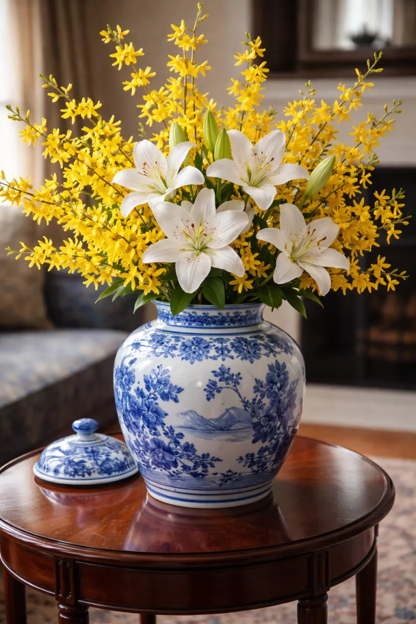 A realistic photo of a classic blue and white ginger jar filled with vibrant yellow forsythia and white lilies, placed on a polished mahogany table.