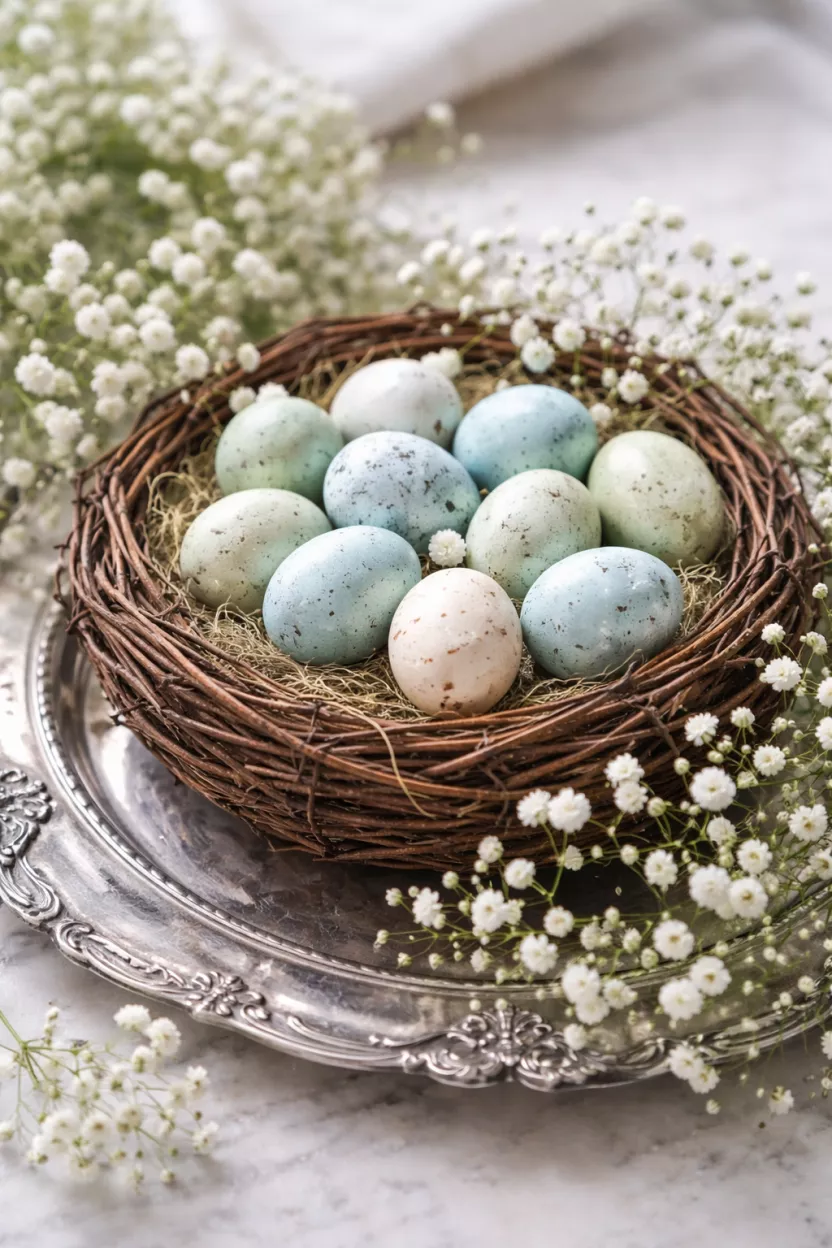 A realistic photo of a round woven grapevine nest resting on a silver tray, filled with speckled light blue and pale green eggs and surrounded by white baby breath flowers.