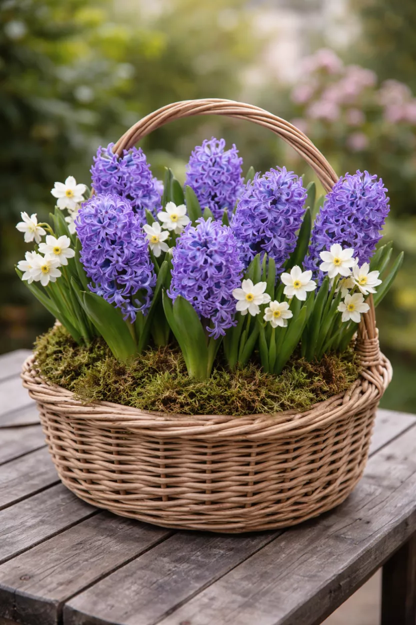 A realistic photo of a light tan wicker basket overflowing with potted purple hyacinths and small white narcissus flowers, adorned with a mossy base.