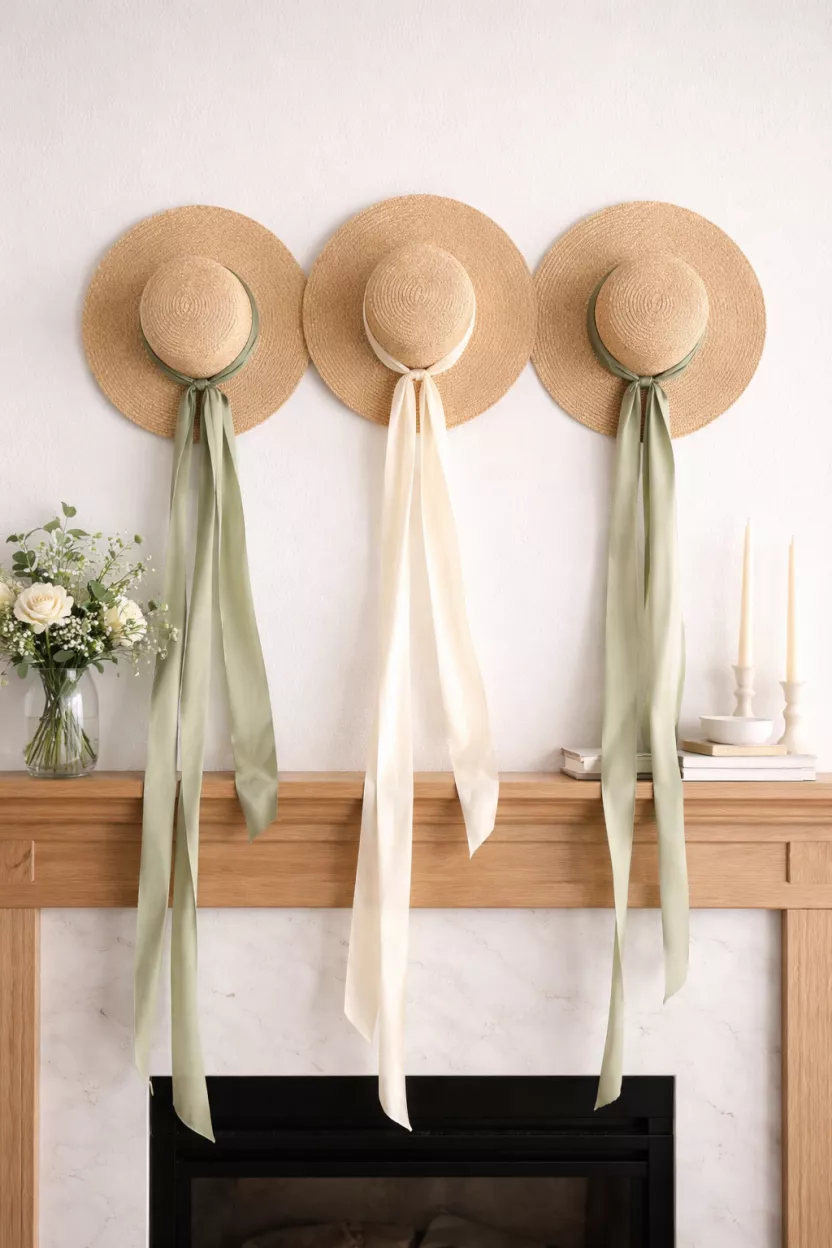 Woven Straw Hats And Silk Ribbons A realistic photo of two or three wide brimmed straw hats hanging above a light oak mantel with long trailing silk ribbons in sage green and cream.