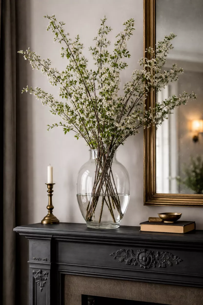 A Bunch Of Fresh Foraged Branches A realistic photo of a large heavy glass vase on a dark mantel containing tall foraged green branches with tiny white blossoms.