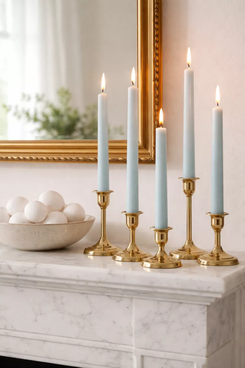 Soft Blue Taper Candles In Brass Holders A realistic photo of several soft blue taper candles in varying heights of shiny brass holders placed on a white marble mantel next to a bowl of white eggs.