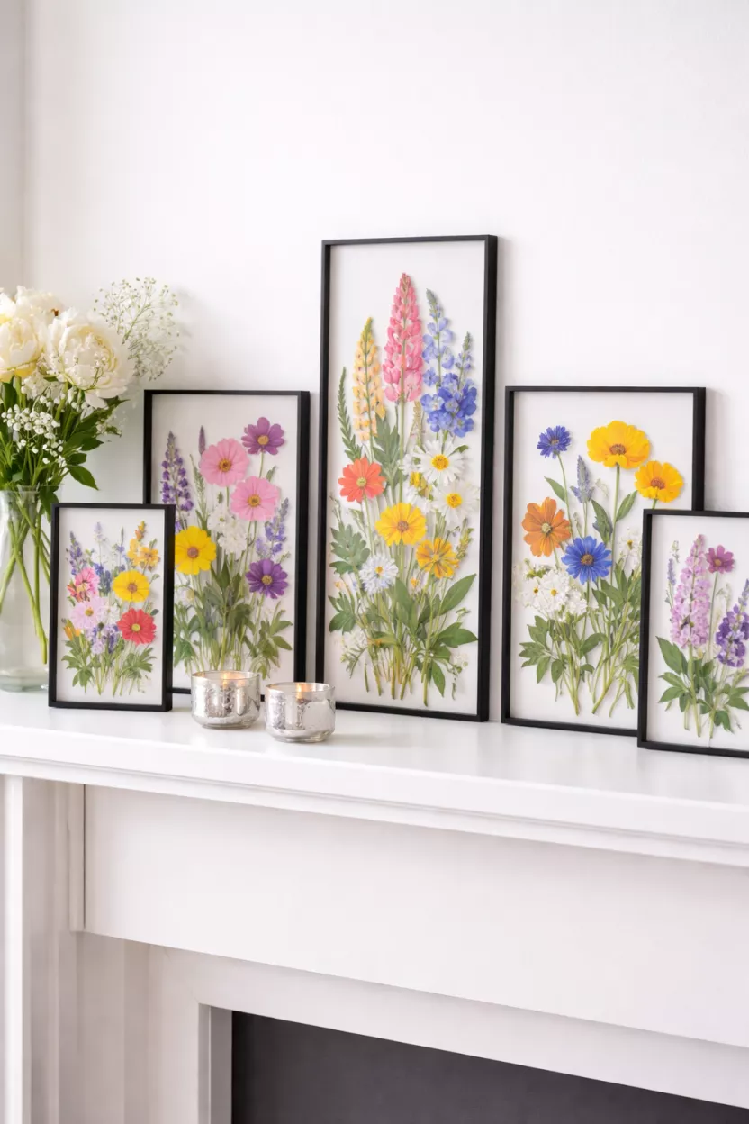Framed Pressed Flowers And Silver Accents A realistic photo of several thin black frames containing colorful pressed flowers standing on a white mantel with small silver candle holders and a glass vase.