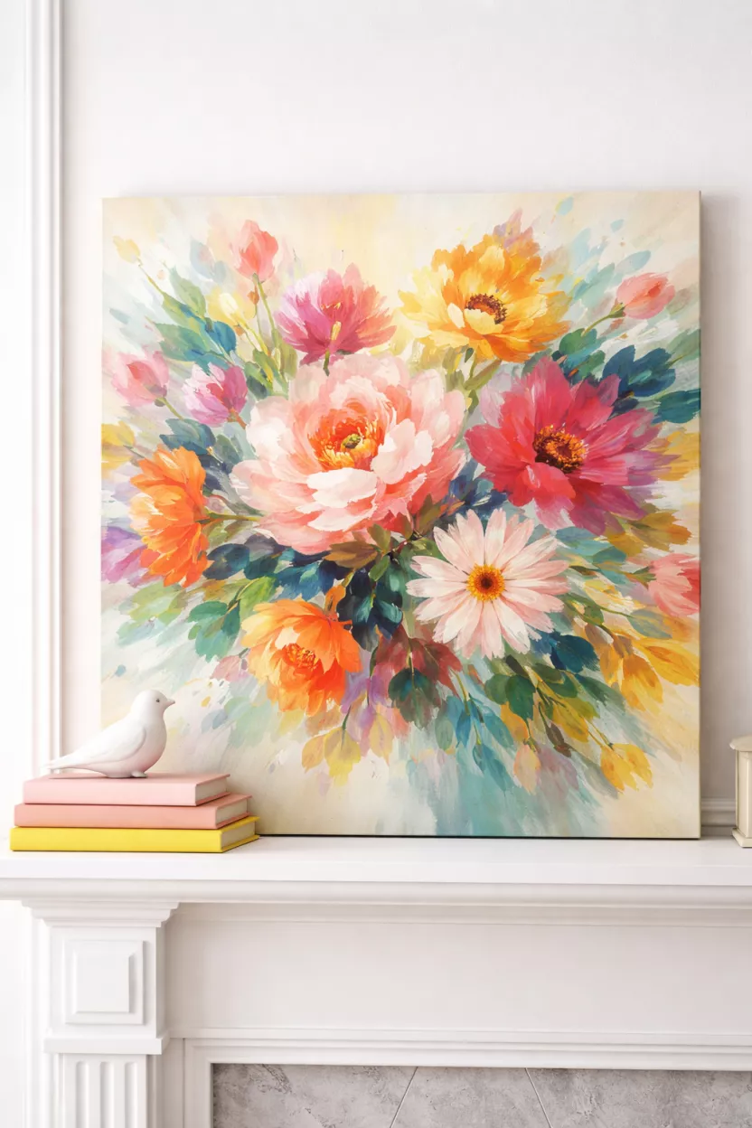 Abstract Floral Canvas And Pastel Books A realistic photo of a large colorful abstract floral canvas painting sitting on a mantel with a stack of pink and yellow pastel books and a small white bird figurine.