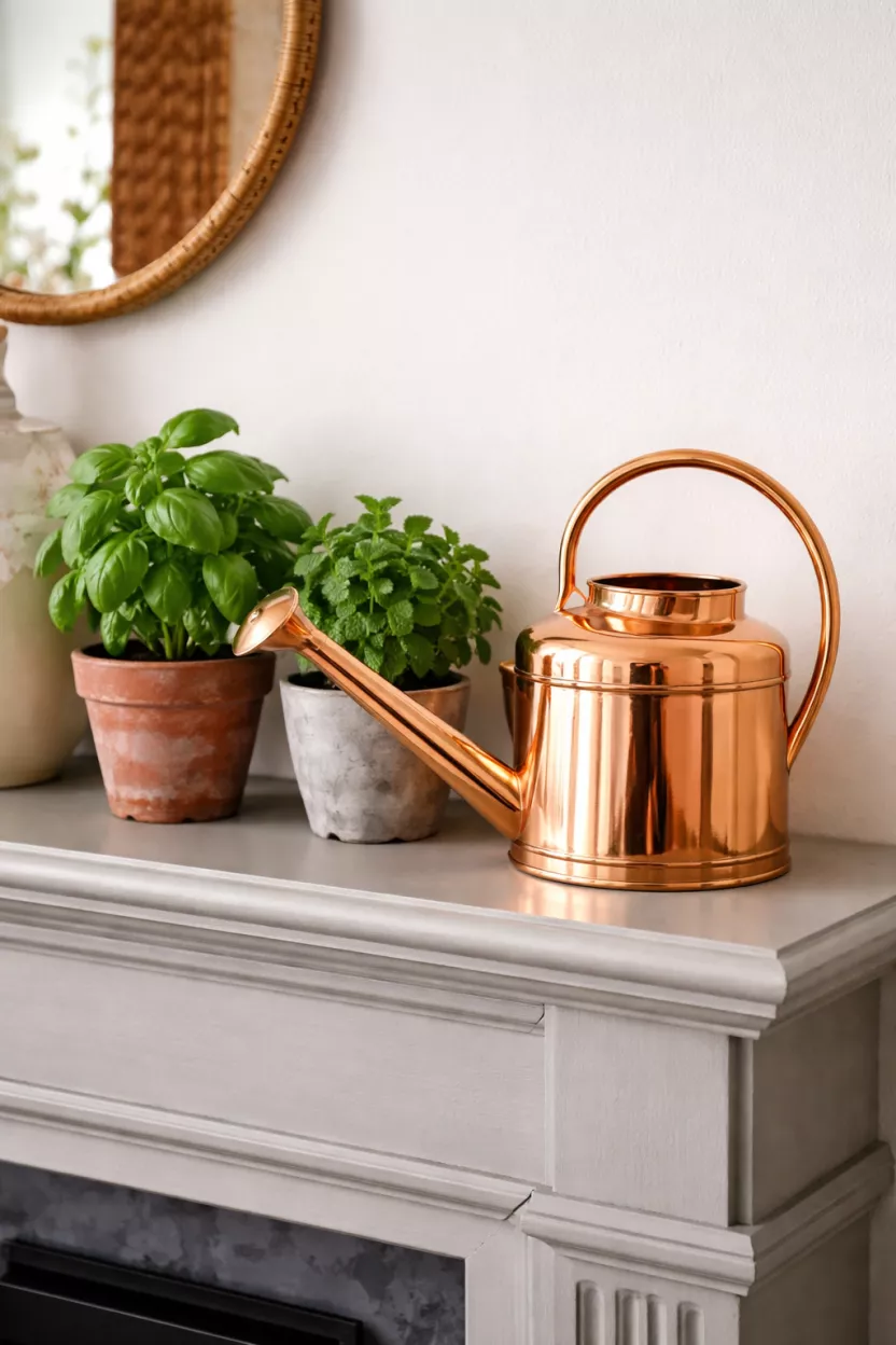Copper Watering Can And Fresh Herbs A realistic photo of a shiny orange copper watering can sitting on a gray mantel next to small pots of green basil and mint.