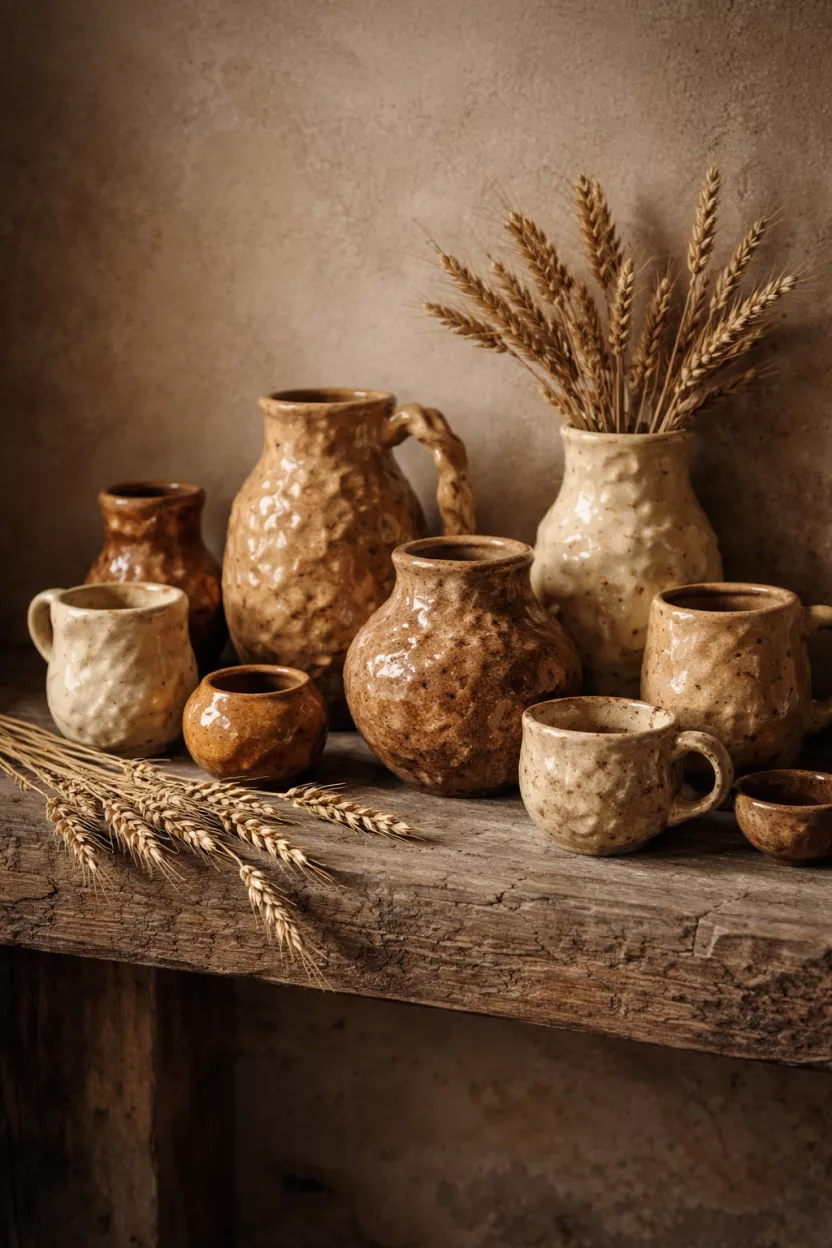 Handmade Pottery In Earthy Tones A realistic photo of a collection of handmade lumpy pottery in shades of tan, brown, and cream arranged on a rough wood mantel with sprigs of dried wheat.