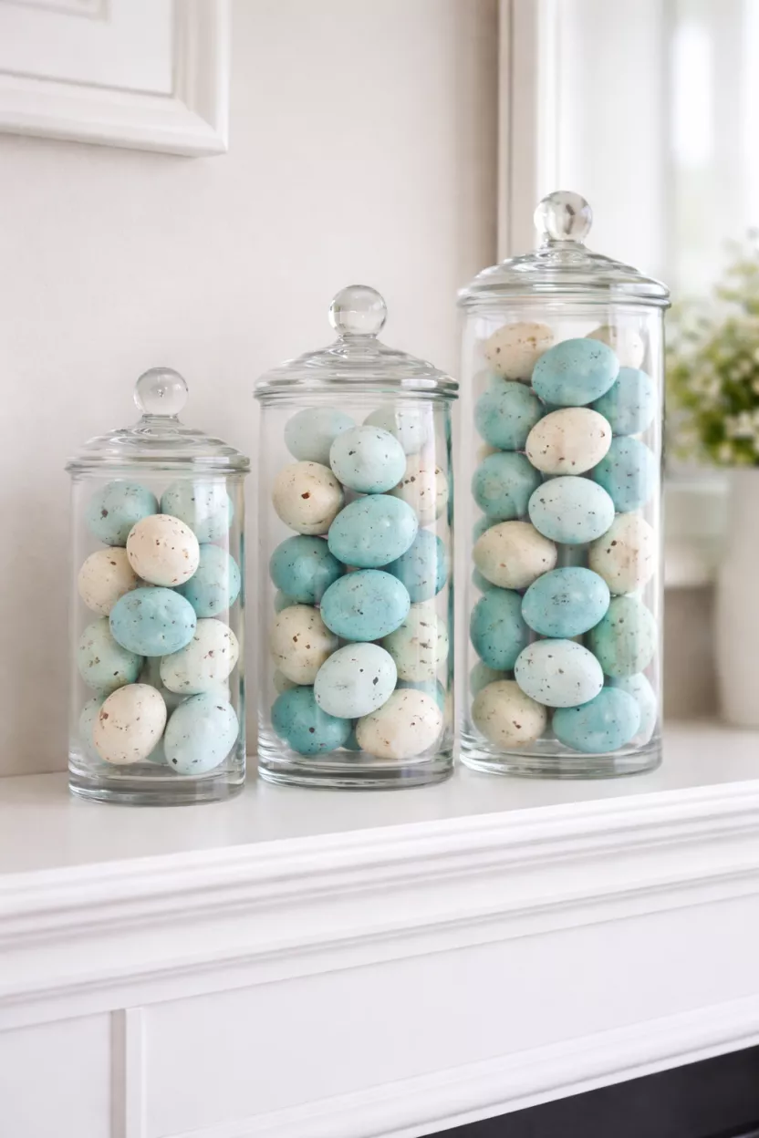 Glass Jars With Decorative Eggs A realistic photo of three clear glass jars of different heights filled with speckled blue and white decorative eggs on a white mantel.