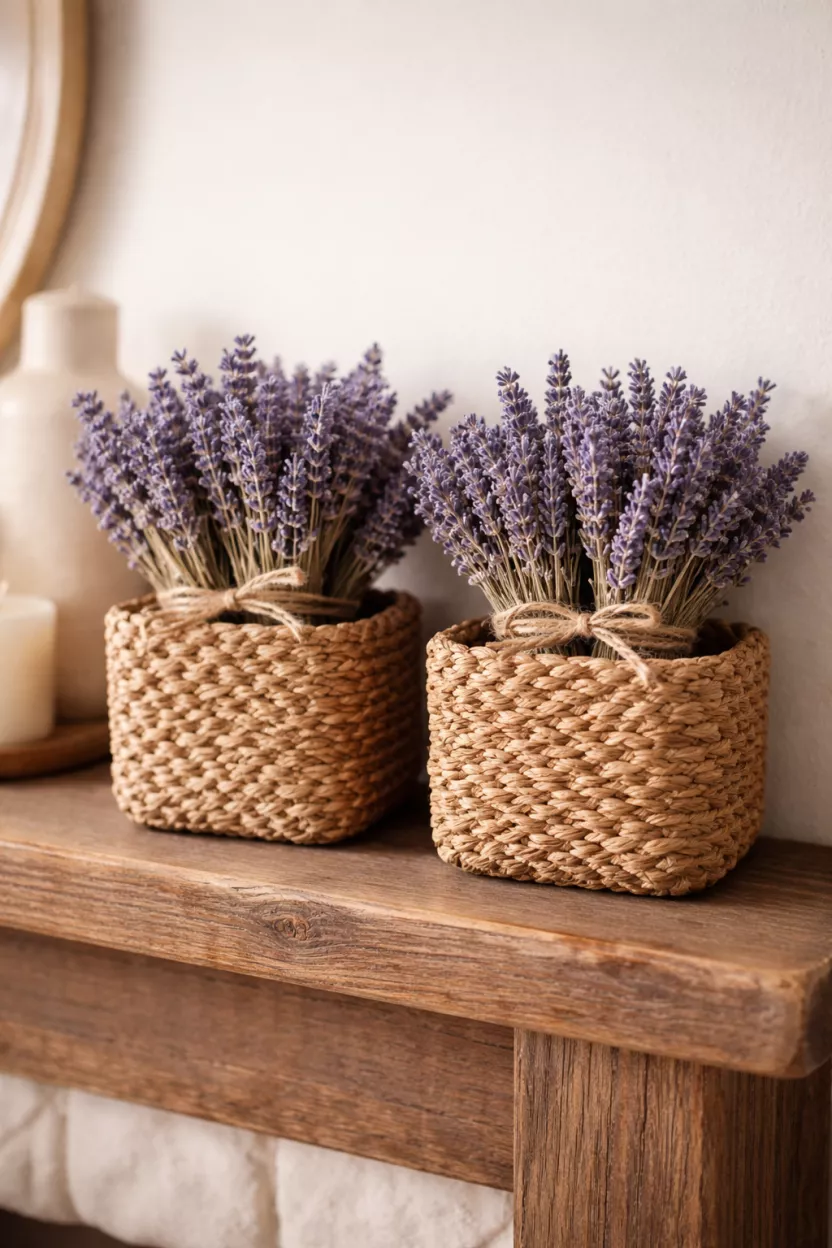 Woven Seagrass Baskets And Dried Lavender A realistic photo of two small brown woven seagrass baskets sitting on a wooden mantel filled with bundles of dried purple lavender tied with twine.