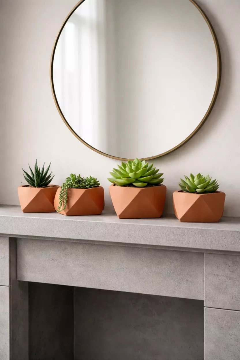 Modern Geometric Terra Cotta Pots A realistic photo of angular orange terra cotta pots containing bright green succulents arranged on a minimalist gray stone mantel with a large circular mirror behind them.