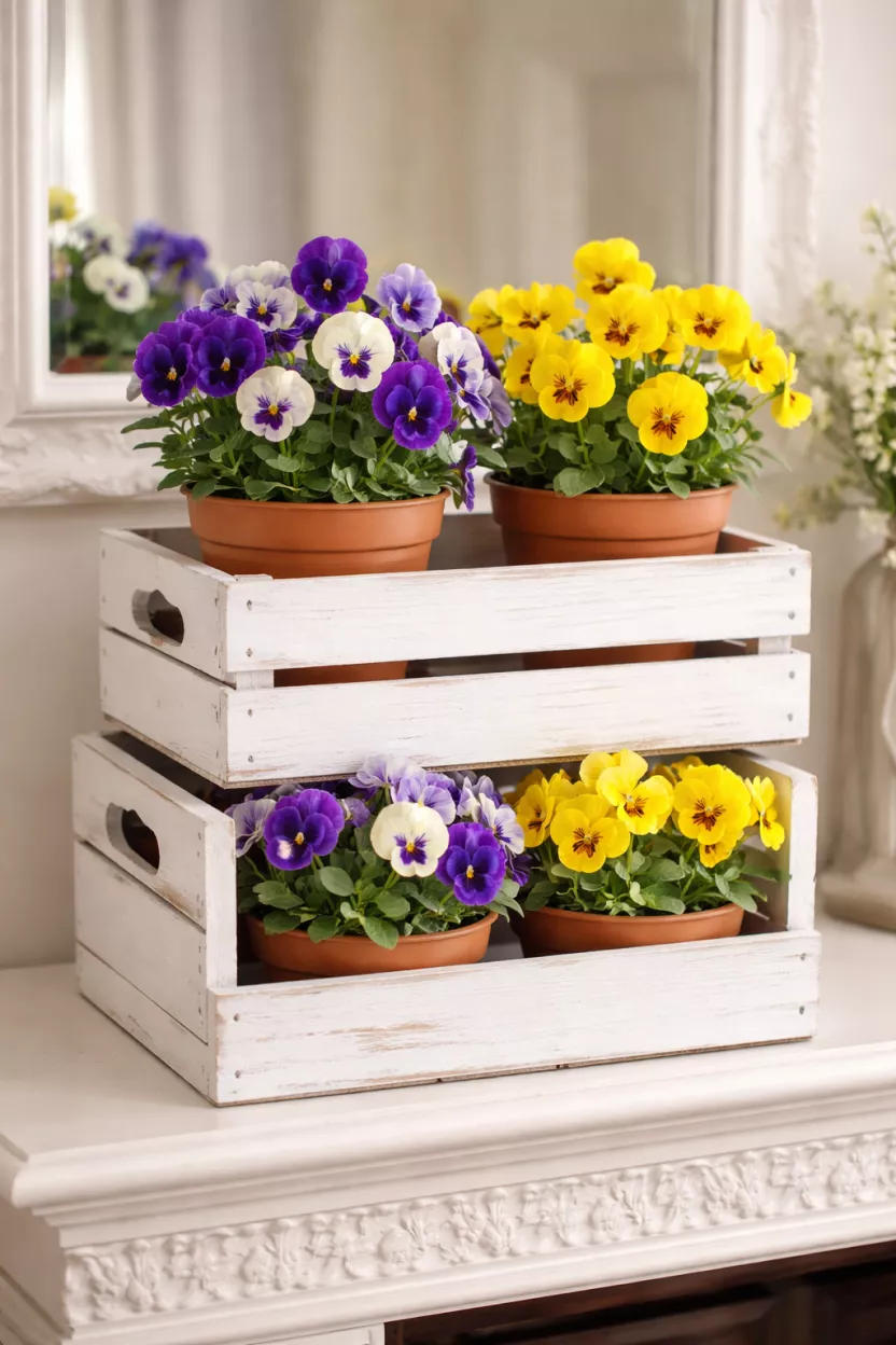 Stacked White Crates And Potted Pansies A realistic photo of two small white wooden crates stacked on a fireplace mantel containing purple and yellow pansies in terracotta pots.