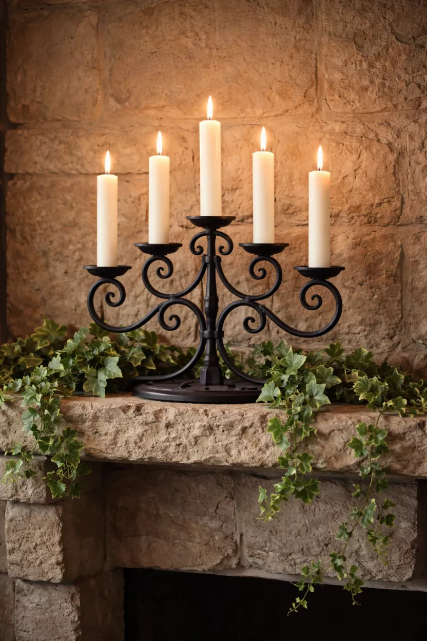 Wrought Iron Candelabra And Ivy A realistic photo of a black wrought iron candelabra on a stone mantel with white candles and green ivy leaves woven through the base.