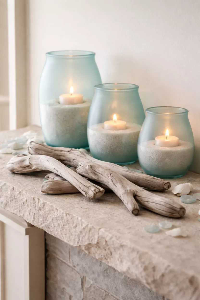 Driftwood Pieces And Sea Glass Vases A realistic photo of smooth gray driftwood pieces lying on a stone mantel with light blue sea glass vases filled with white sand and small candles.