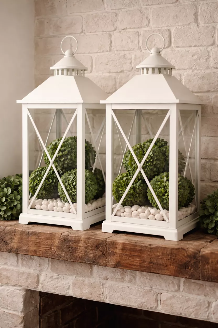 White Metal Lanterns With Faux Boxwood A realistic photo of two large white metal lanterns sitting on a brick mantel filled with round green faux boxwood balls and nestled next to small white stones.