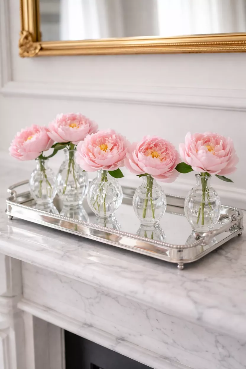 Mirrored Trays And Crystal Bud Vases A realistic photo of a shiny mirrored tray on a white marble mantel holding several small crystal bud vases with single pink peonies in each one.