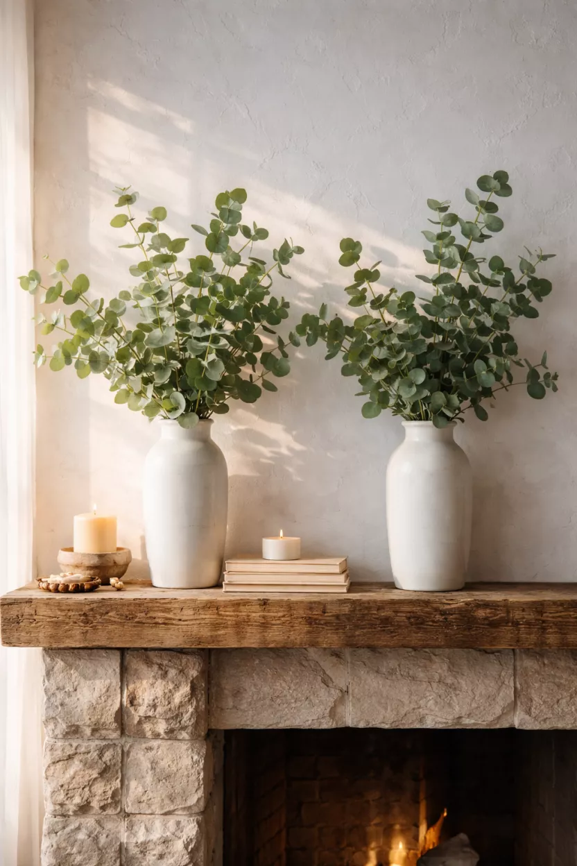 Fresh Eucalyptus And White Ceramic Vases A realistic photo of a rustic fireplace mantel featuring tall white ceramic vases filled with fresh green eucalyptus branches, soft morning sunlight hitting the green leaves, and a clean white background with subtle plaster texture.