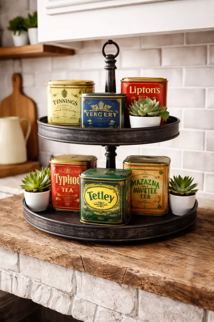 Tiered Trays With Tea Tins And Mini Plants A realistic photo of a two tiered black metal tray on a kitchen fireplace mantel featuring vintage tea tins and small green succulent plants in white pots.