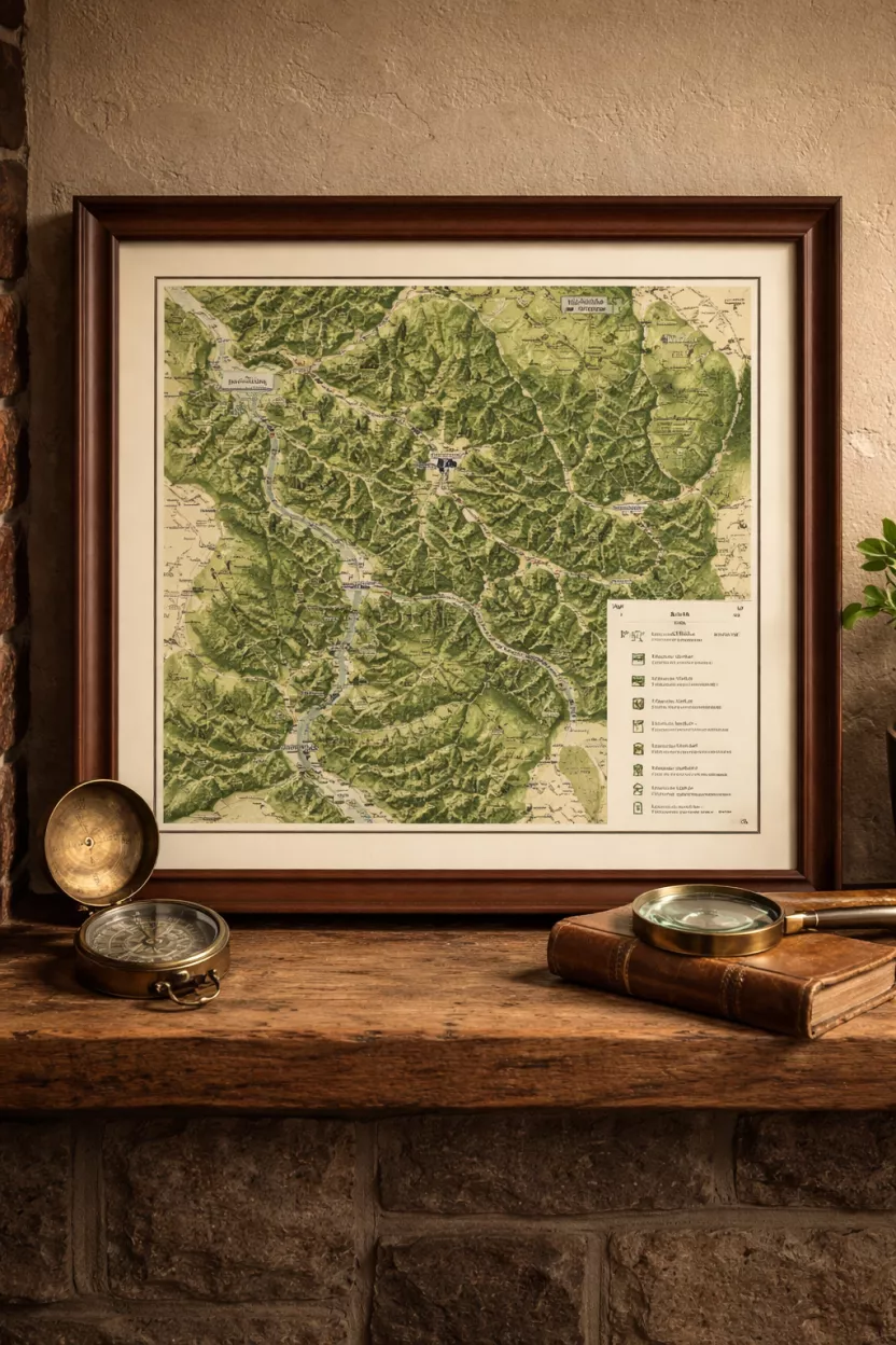 Framed Map Of A Favorite Park A realistic photo of a framed green and cream map of a forest park on a wooden mantel with an old compass and a magnifying glass next to it.